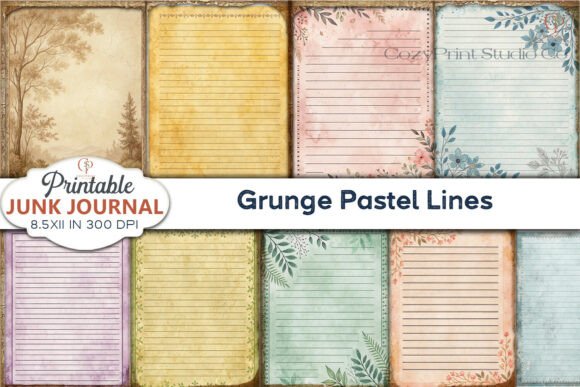 Grunge Pastel Lines Junk Journal Pages Graphic Backgrounds By CozyPrint Studio Co