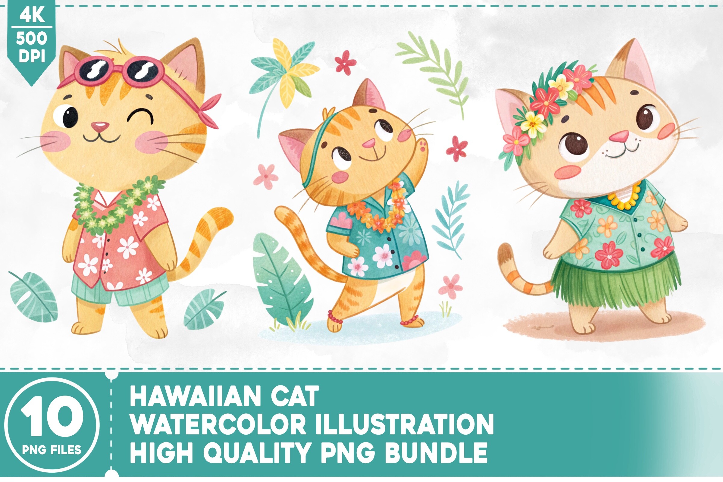 Hawaiian Cat Watercolor Bundle Graphic by Hega Prakosa · Creative Fabrica