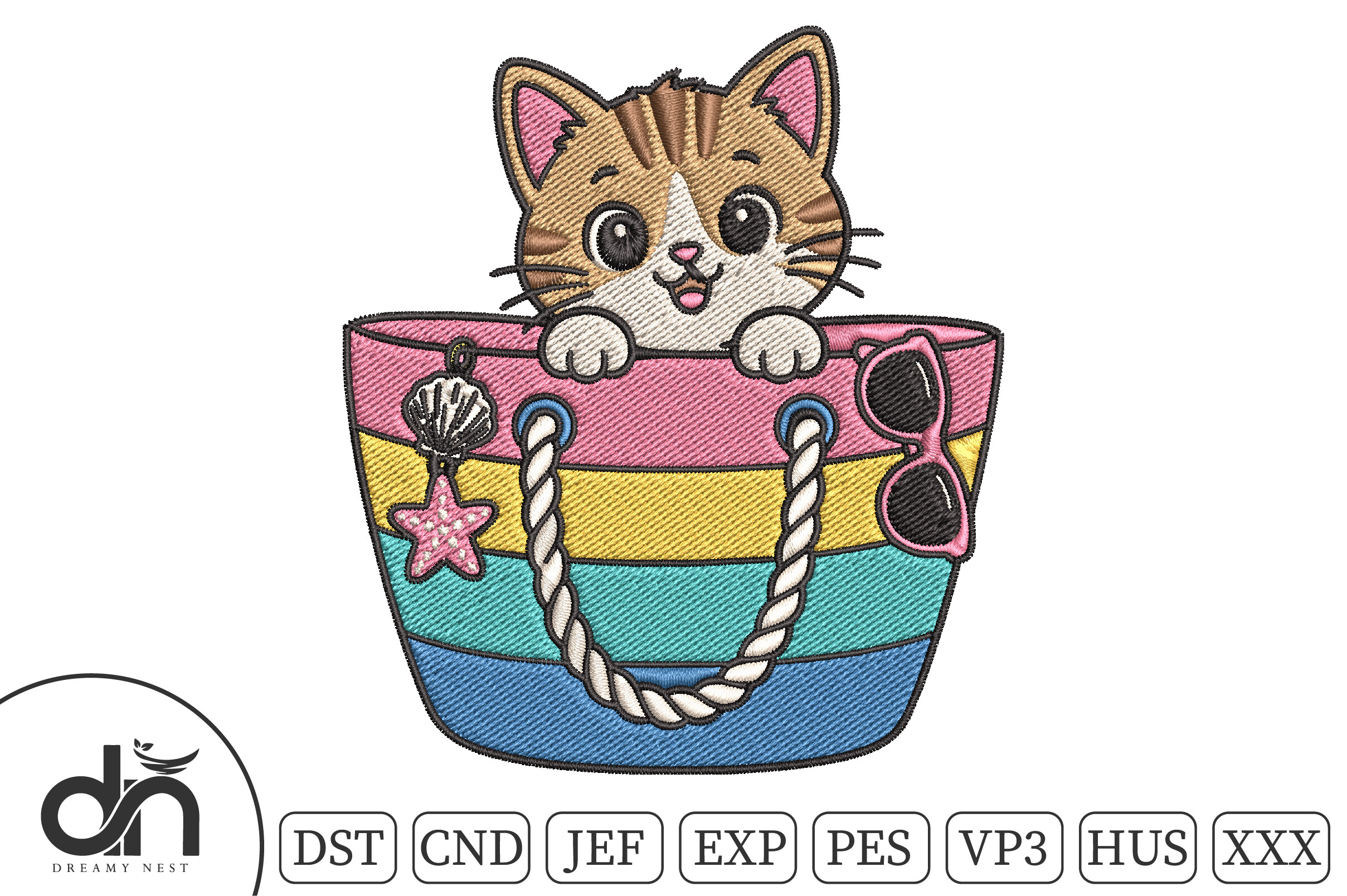 Kawaii Kitten in Beach Bag Embroidery