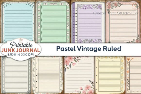 Pastel Vintage Ruled Junk Journal Pages Graphic Backgrounds By CozyPrint Studio Co