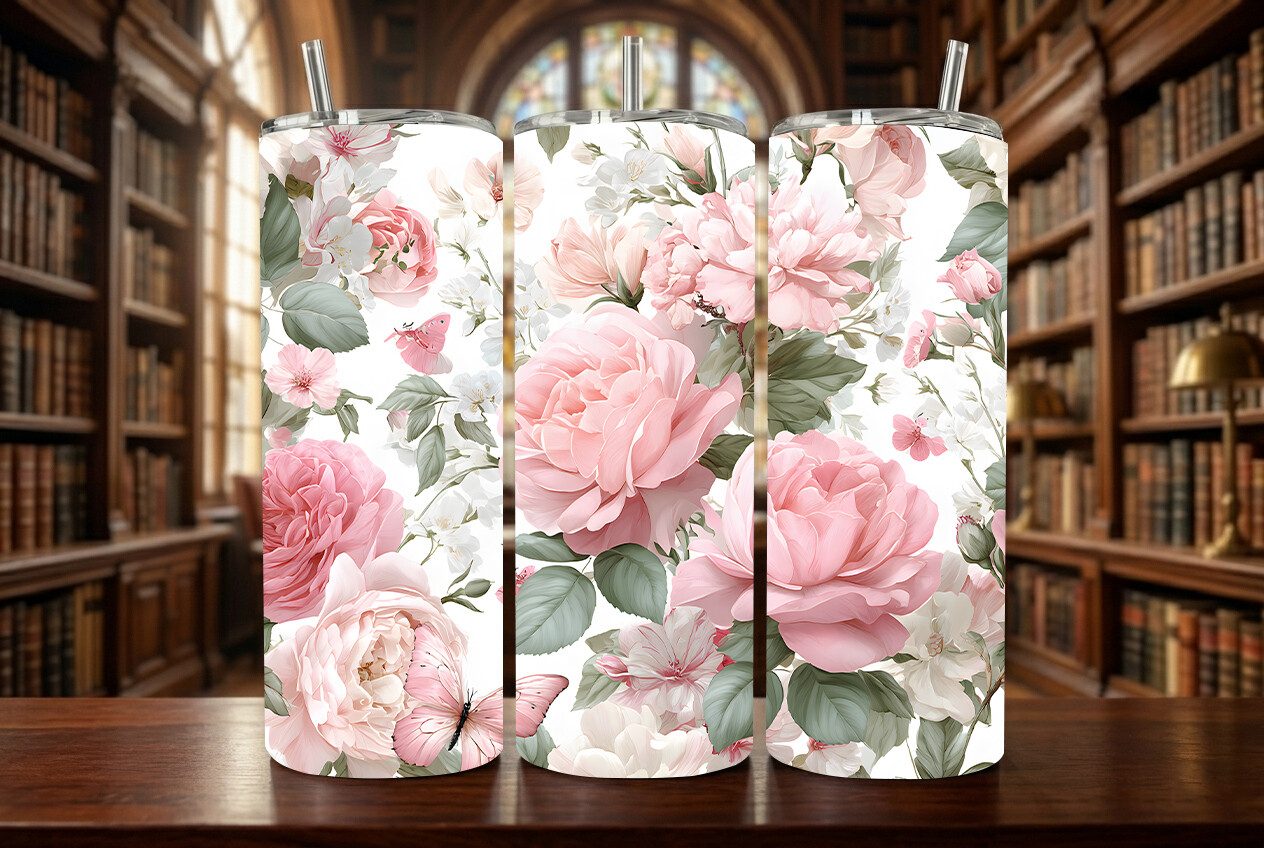 Pink Floral and Butterfly 20oz Skinny Graphic by KDP AMAZING · Creative ...