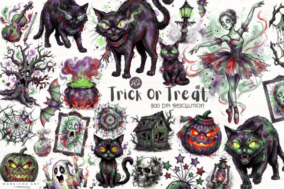 Quirky Trick or Treat Clipart Graphic AI Illustrations By Markicha Art