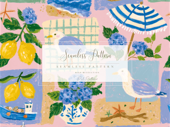 Seamless Coastal Cottage Patchwork Pattern PNG Graphic Patterns By patipaintsco