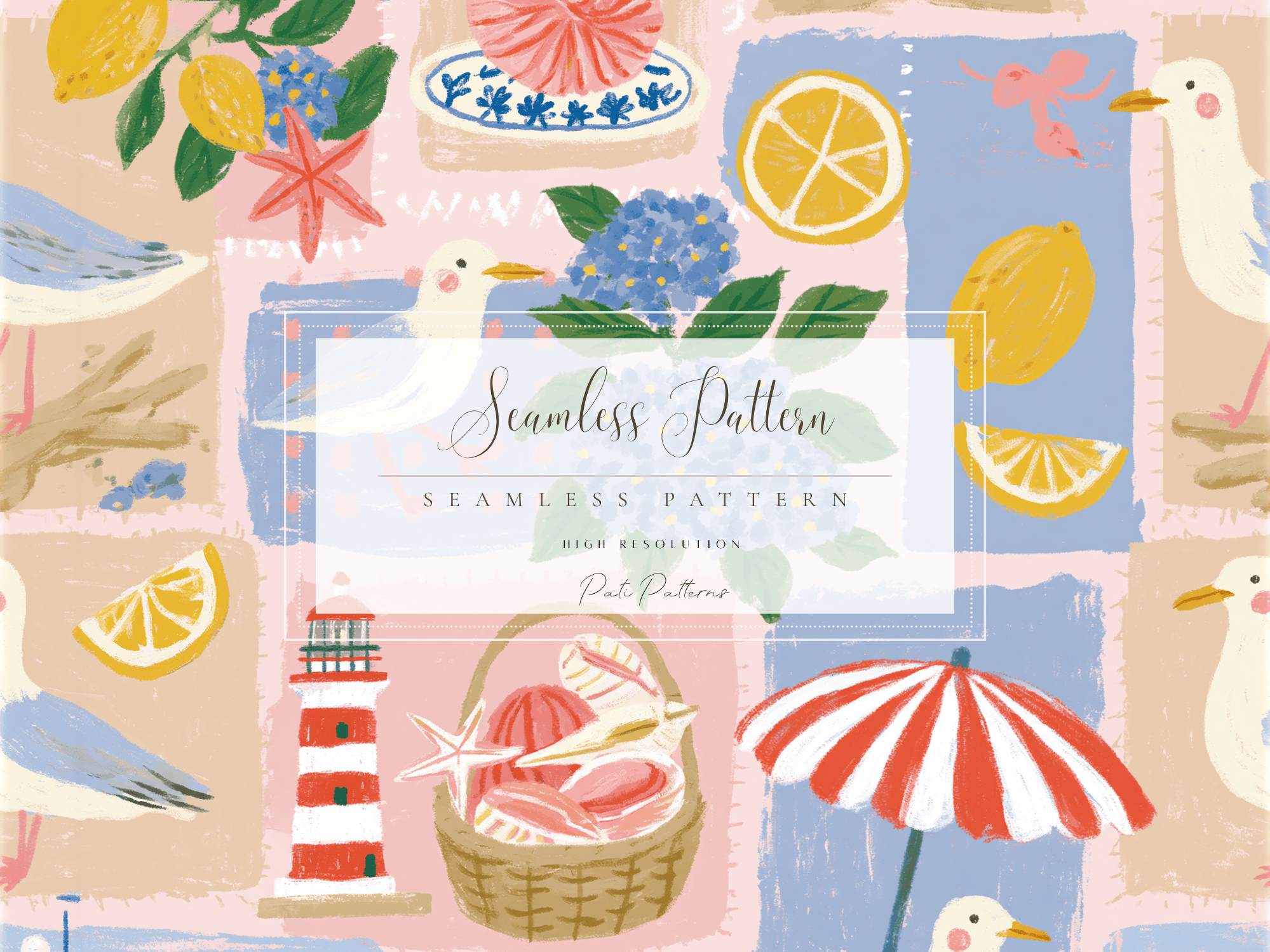 Seamless Coastal Cottage Patchwork Pattern PNG
