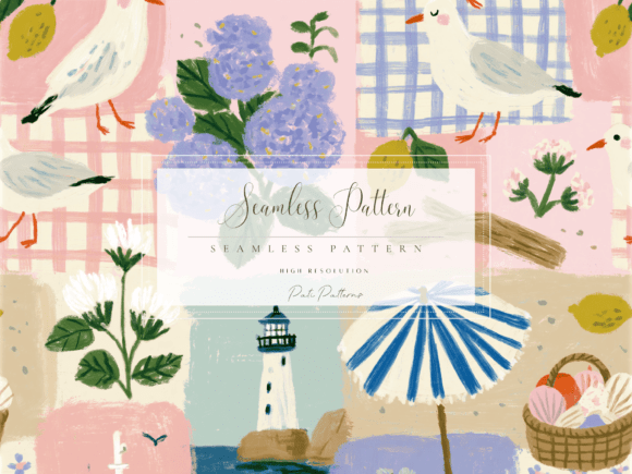 Seamless Coastal Cottage Patchwork Pattern PNG Graphic Patterns By patipaintsco