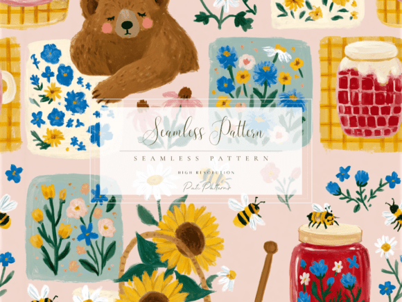 Seamless Honey Bee Bear Cottage Pattern Graphic Patterns By patipaintsco