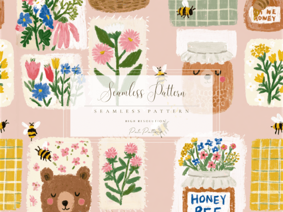 Seamless Honey Bee Cottage Patchwork Pattern PNG Graphic Patterns By patipaintsco