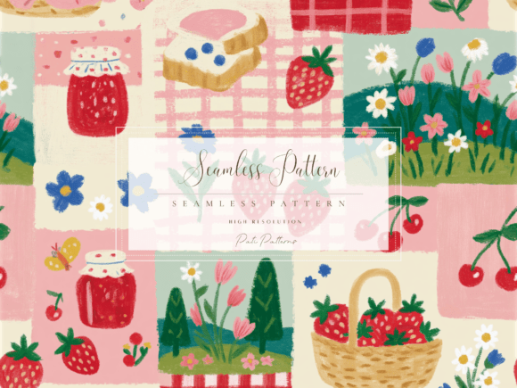 Seamless Strawberry Picnic Patchwork Pattern PNG Graphic Patterns By patipaintsco