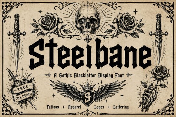 Preview specimen of Steelbane blackletter font