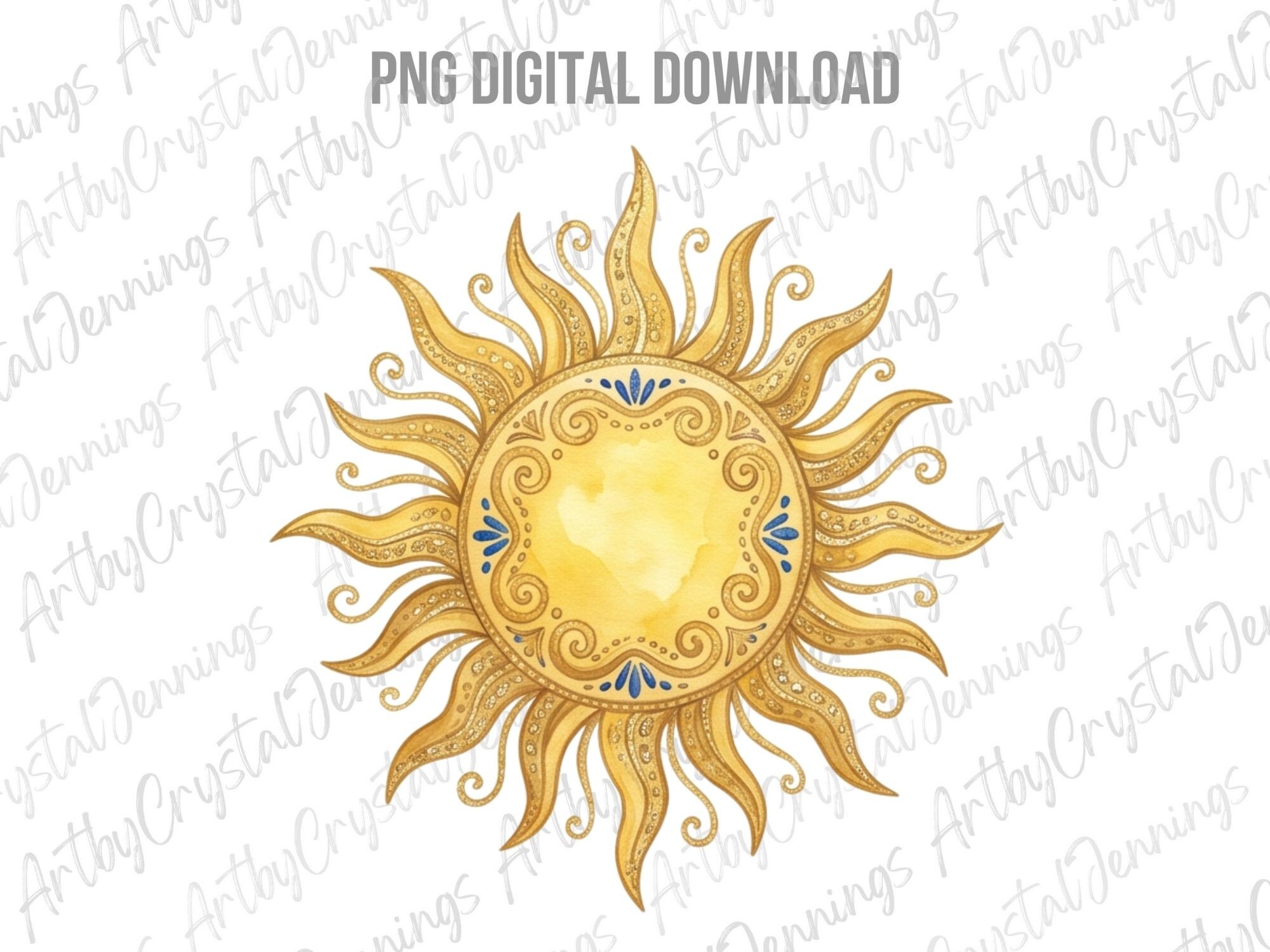Watercolor Celestial Gold Sun PNG