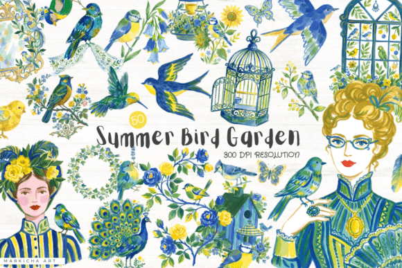 Botanical Summer Bird Garden Clipart Illustration Illustrations AI Par Markicha Art
