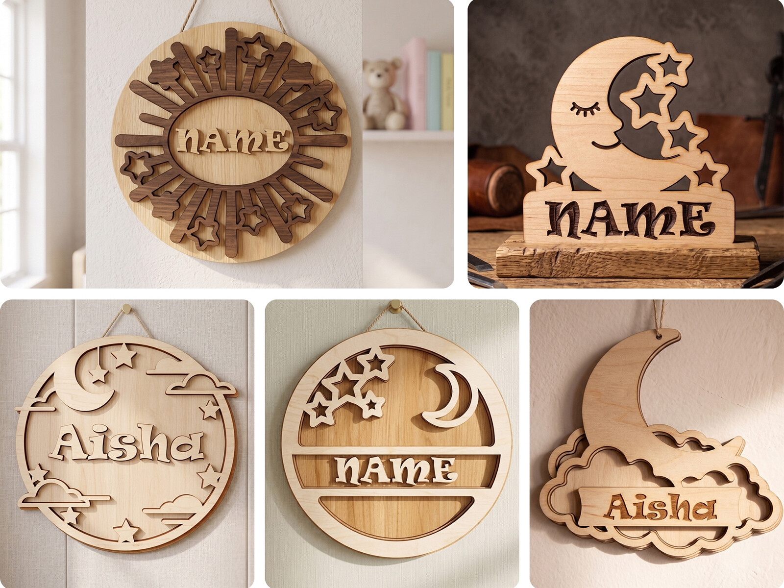 Laser Cut Moon Stars Nursery Name Signs