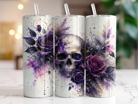Purple Skull Floral Tumbler Wraps PNG