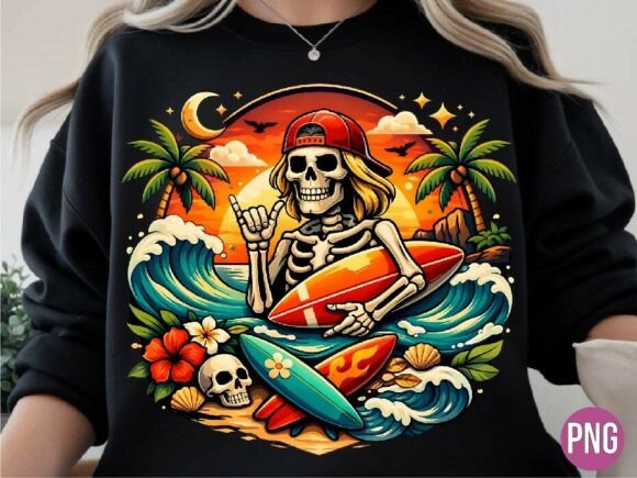 Retro Surf Skeleton Beach Skull Wave PNG