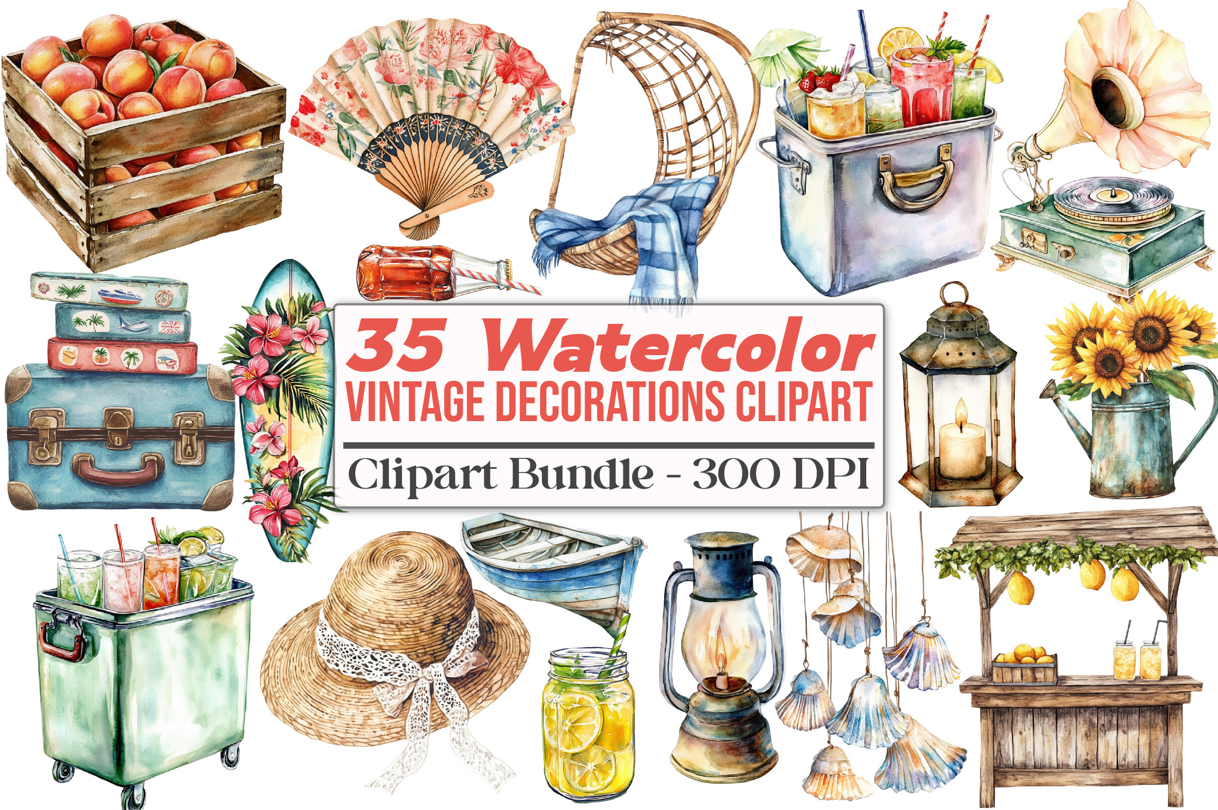 Vintage Summer Decorations Clipart Graphic by Strawberry Art · Creative ...
