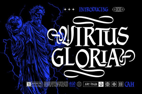 Preview specimen of Virtus Gloria blackletter font