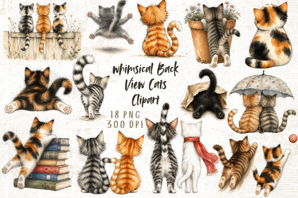 Whimsical Back View Cats Clipart Grafik KI Illustrationen Von Yassou Bouhad