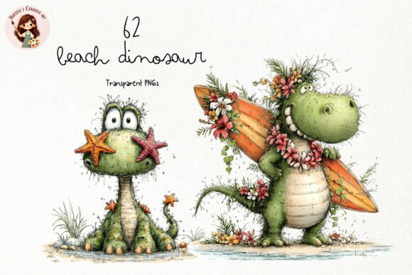 Whimsical Beach Dinosaur PNG Clipart Illustration Illustrations Imprimables Par Nicolle's Colorful Art