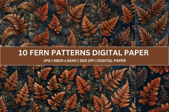 10 Ornate Copper Fern Digital Paper