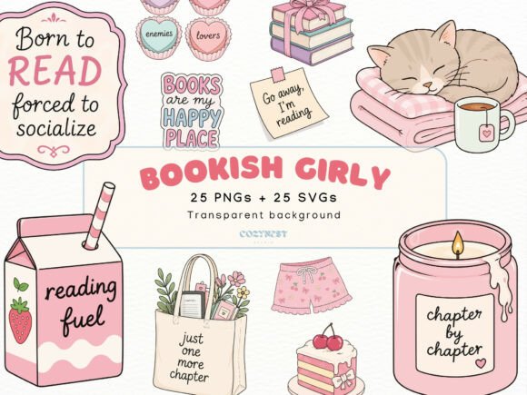 Bookish Girly Cliparts, Cute Reading PNG Graphic Illustrations By CozyNest Studio