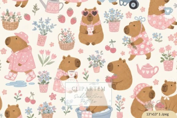 Cottagecore Capybara Seamless Pattern Graphic Patterns By clipArtem