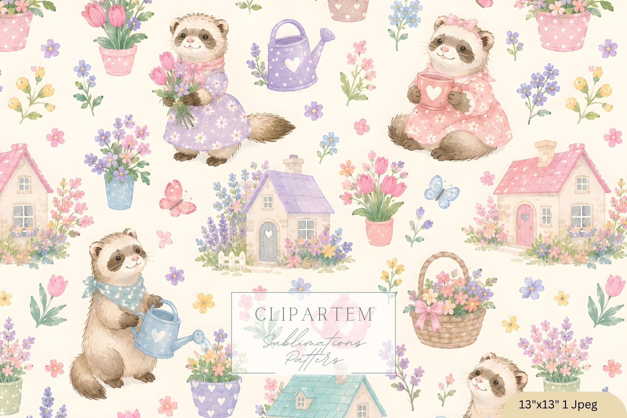 Cute Ferret Seamless Pattern Garden Baby Graphic by clipArtem ...