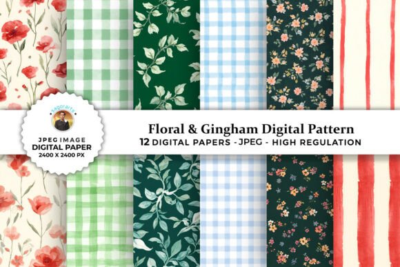 Floral & Gingham Digital Patterns Graphic by sagorarts · Creative Fabrica