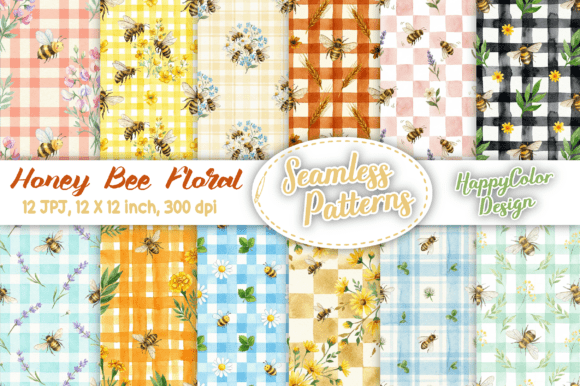 Honey Bee Floral Seamless Patterns Afbeelding Papieren Patronen Door HappyColor Design