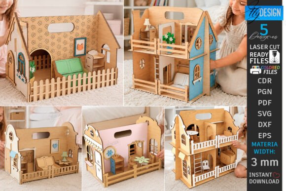 Portable Doll Houses Laser Cut Bundle Découpe au Laser Par flydesignsvg