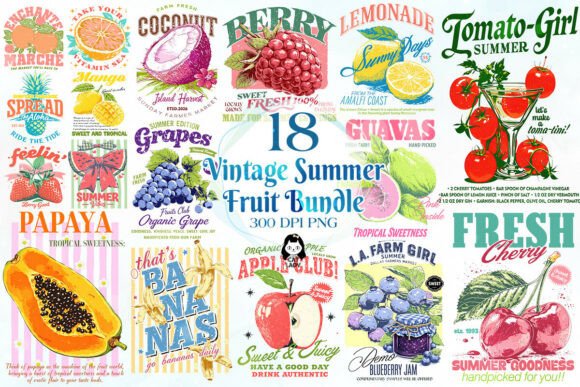 Vintage Summer Fruit Quotes PNG Grafika Ilustracje do Druku Przez Cat Lady