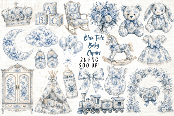 Baby Shower Blue Toile Baby Clipart PNG
