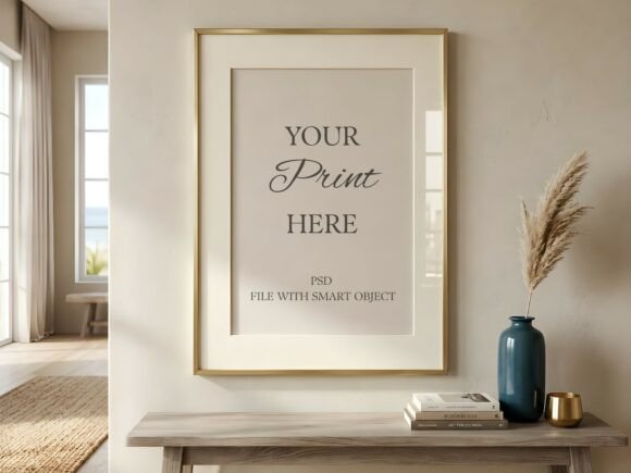 Coastal Console Table Gold Frame Mockup Graphic Frames & Posters By Mockups Of Imaginations