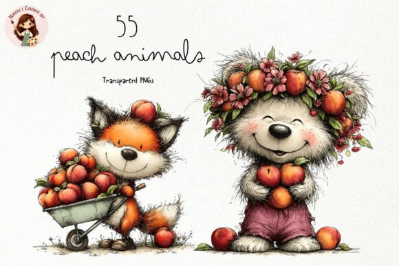 Cute peach animals PNG clipart set with kawaii puppy face for pastel nursery