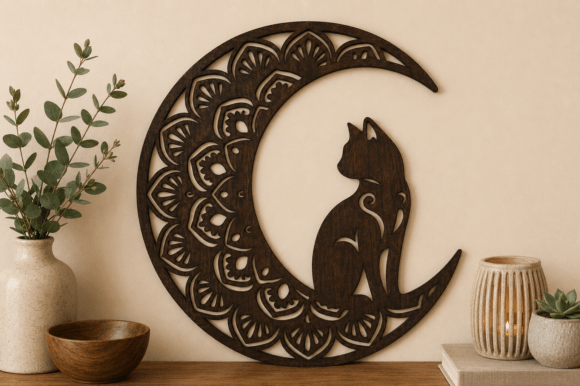 Moon Cat Wall Art SVG Laser Cut File · Creative Fabrica