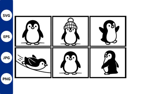 Six Penguins in Grid Style Grafik Druckbare Illustrationen Von Cute Things
