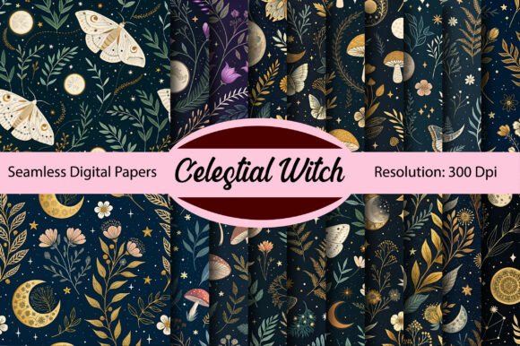 Celestial Witch Seamless Digital Paper Graphic Patterns By Colourful