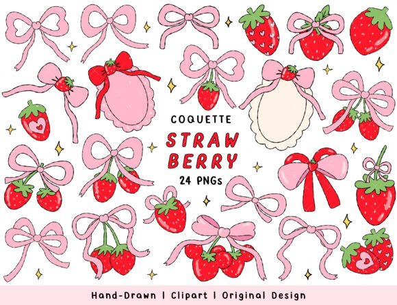 Coquette Strawberry Clipart PNG Bundle