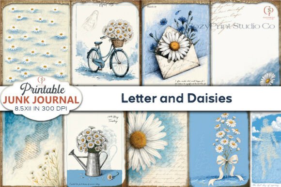 Letter and Daisies Junk Journal Pages Illustration Fonds d'Écran Par CozyPrint Studio Co