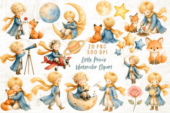 Little Prince Watercolor Clipart Grafik Druckbare Illustrationen Von Yassou Bouhad