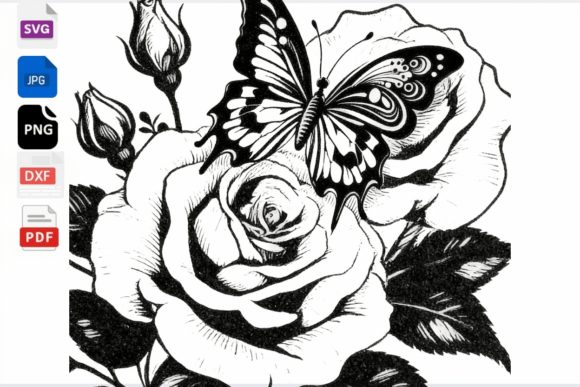 Rose Butterfly SVG Clipart Black and