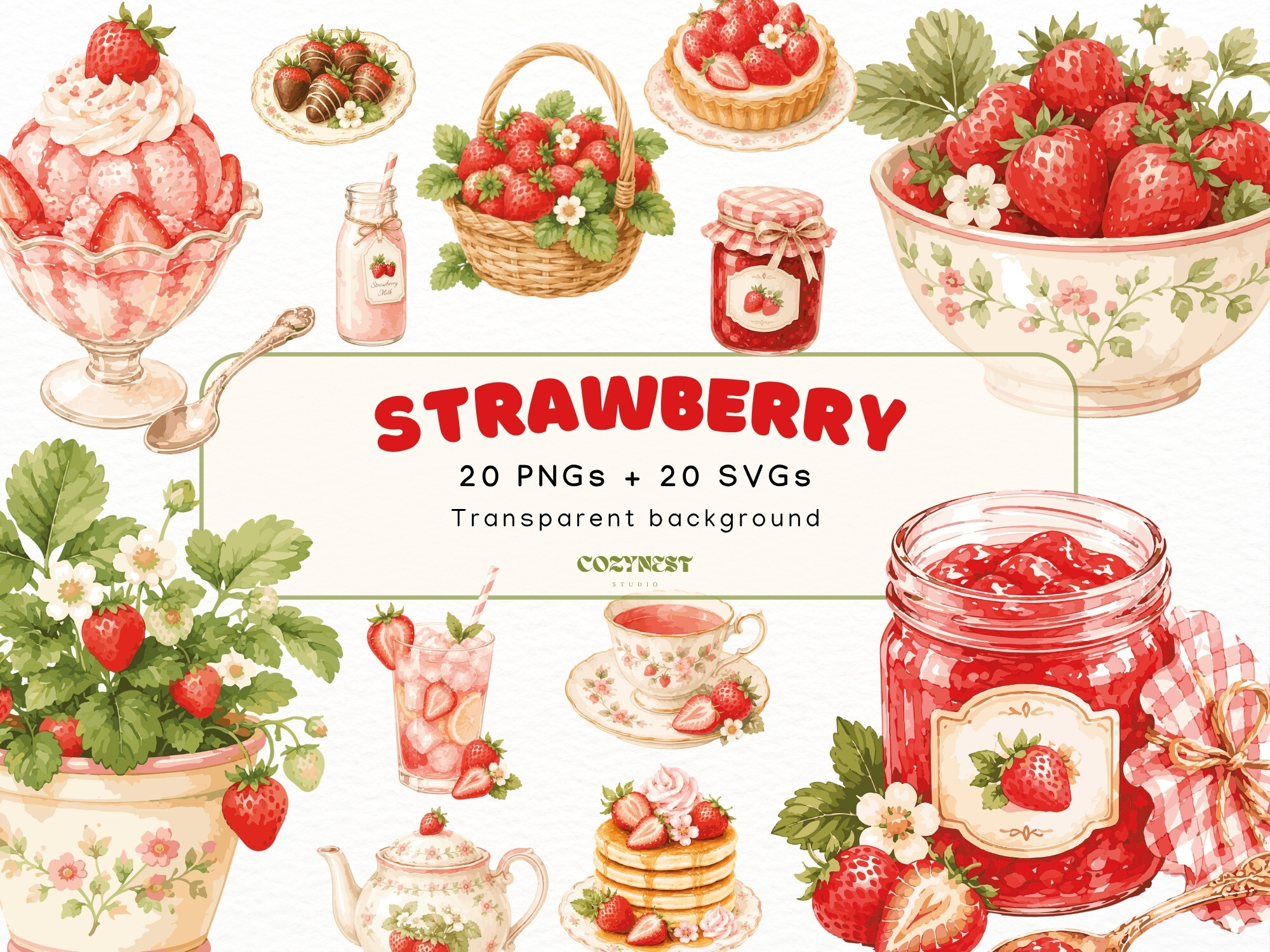 Strawberry Watercolor Cliparts, PNG SVG Graphic by CozyNest Studio ...