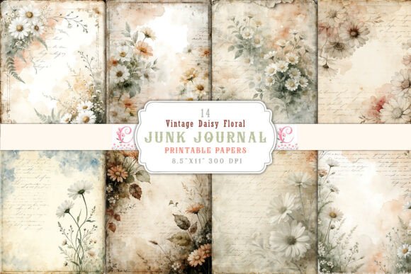Vintage Daisy Floral Junk Journal Pages Gráfico Planos de Fundo Por Craftfiles-SVG