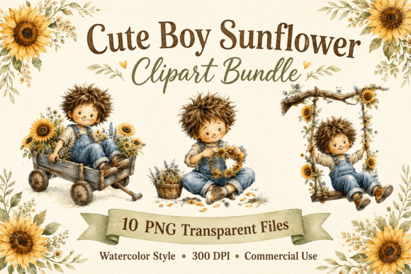 Watercolor Sunflower Boy Clipart Grafik KI Transparente PNGs Von KHAMPOL SHOP DESIGN