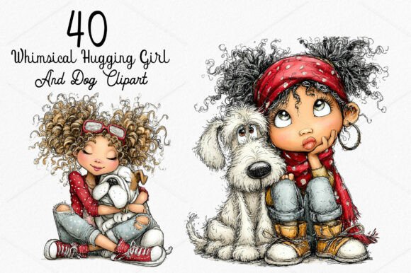 whimsical hugging girl and dog clipart kawaii cute cricut stickers kids tees