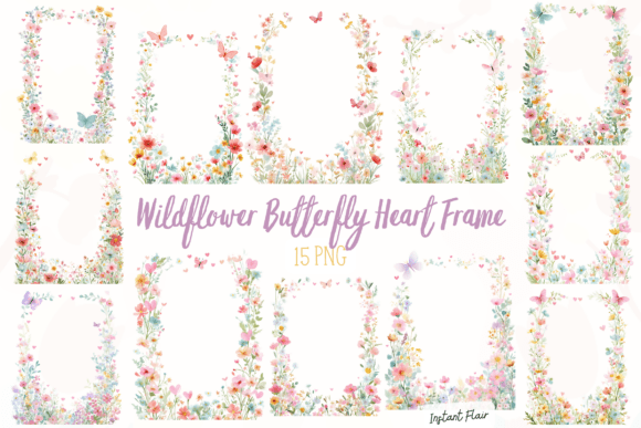 Wildflower Butterfly Heart Frame PNG