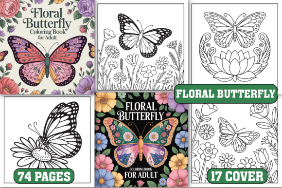 Preview of 74 Floral Butterfly Coloring Pages adult coloring pages