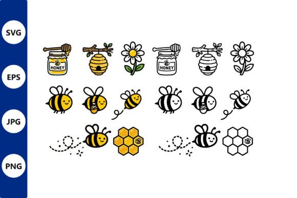 Bee Collage Vector Honey Jars and Bees Grafica Illustrazioni Stampabili Di Cute Things