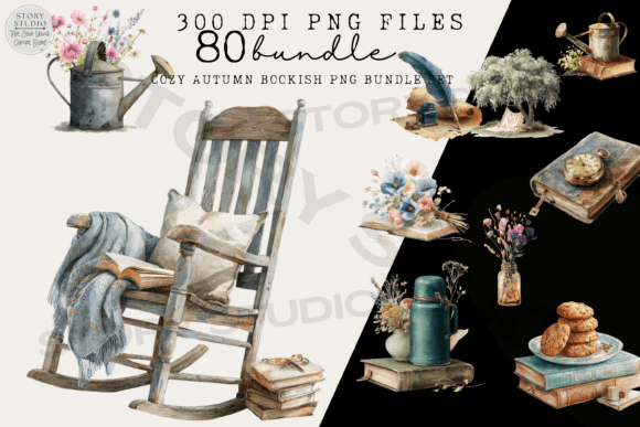 Cozy Autumn Bookish PNG Bundle Set Grafika Przezroczyste pliki PNG AI Przez Story Studio
