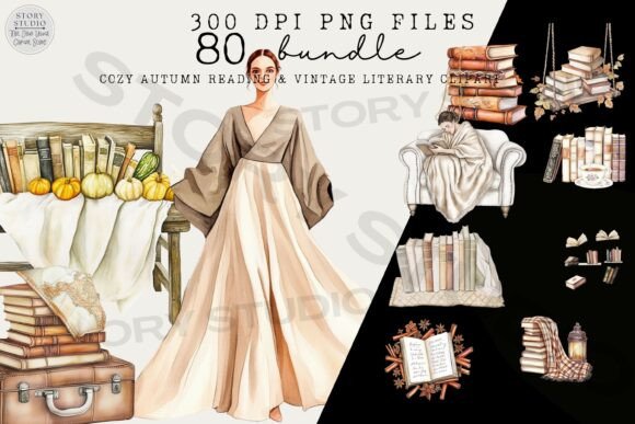 Cozy Autumn Reading & Literary Clipart Afbeelding AI transparante PNG's Door Story Studio