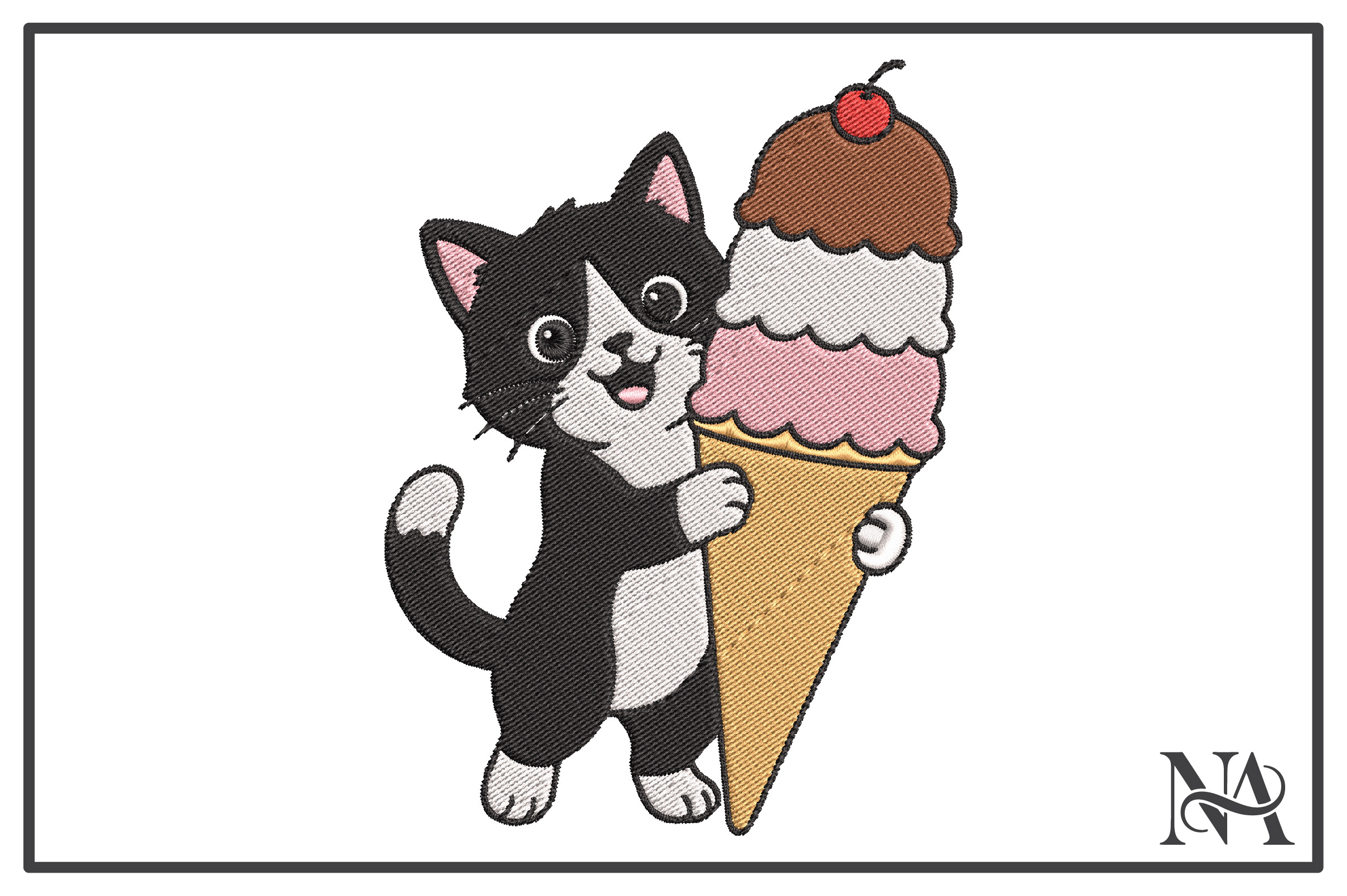 Cute Tuxedo Cat Ice Cream Embroidery